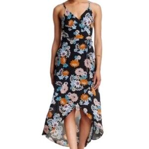 Astr Boho Floral Maxi Dress Black Strappy Cross Back Fairycore Lagenlook Summer